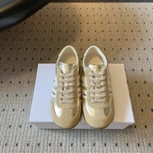 Dior Women Ribbon Sneaker Beige Suede Calfskin and Gold-Tone Crinkled Laminated Lambskin