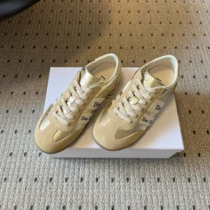 Dior Women Ribbon Sneaker Beige Suede Calfskin and Gold-Tone Crinkled Laminated Lambskin