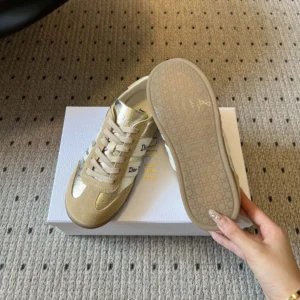 Dior Women Ribbon Sneaker Beige Suede Calfskin and Gold-Tone Crinkled Laminated Lambskin