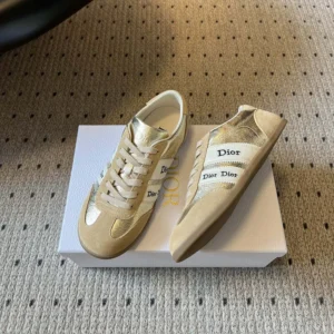 Dior Women Ribbon Sneaker Beige Suede Calfskin and Gold-Tone Crinkled Laminated Lambskin