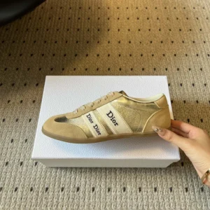 Dior Women Ribbon Sneaker Beige Suede Calfskin and Gold-Tone Crinkled Laminated Lambskin