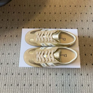 Dior Women Ribbon Sneaker Beige Suede Calfskin and Gold-Tone Crinkled Laminated Lambskin