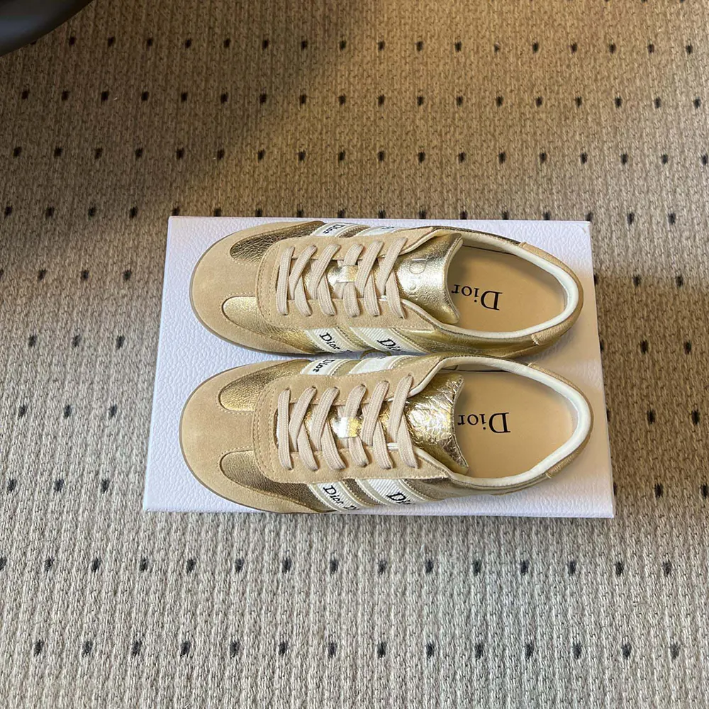 Dior Women Ribbon Sneaker Beige Suede Calfskin and Gold-Tone Crinkled Laminated Lambskin