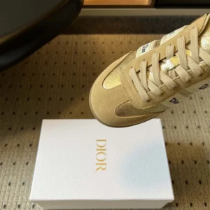 Dior Women Ribbon Sneaker Beige Suede Calfskin and Gold-Tone Crinkled Laminated Lambskin