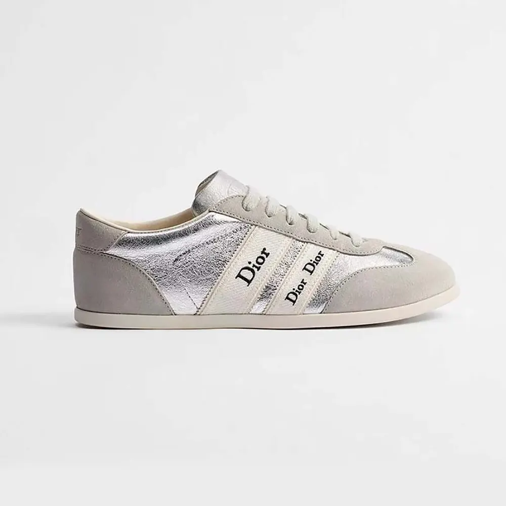Dior Women Ribbon Sneaker Gray Suede Calfskin and Silver-Tone Crinkled Laminated Lambskin