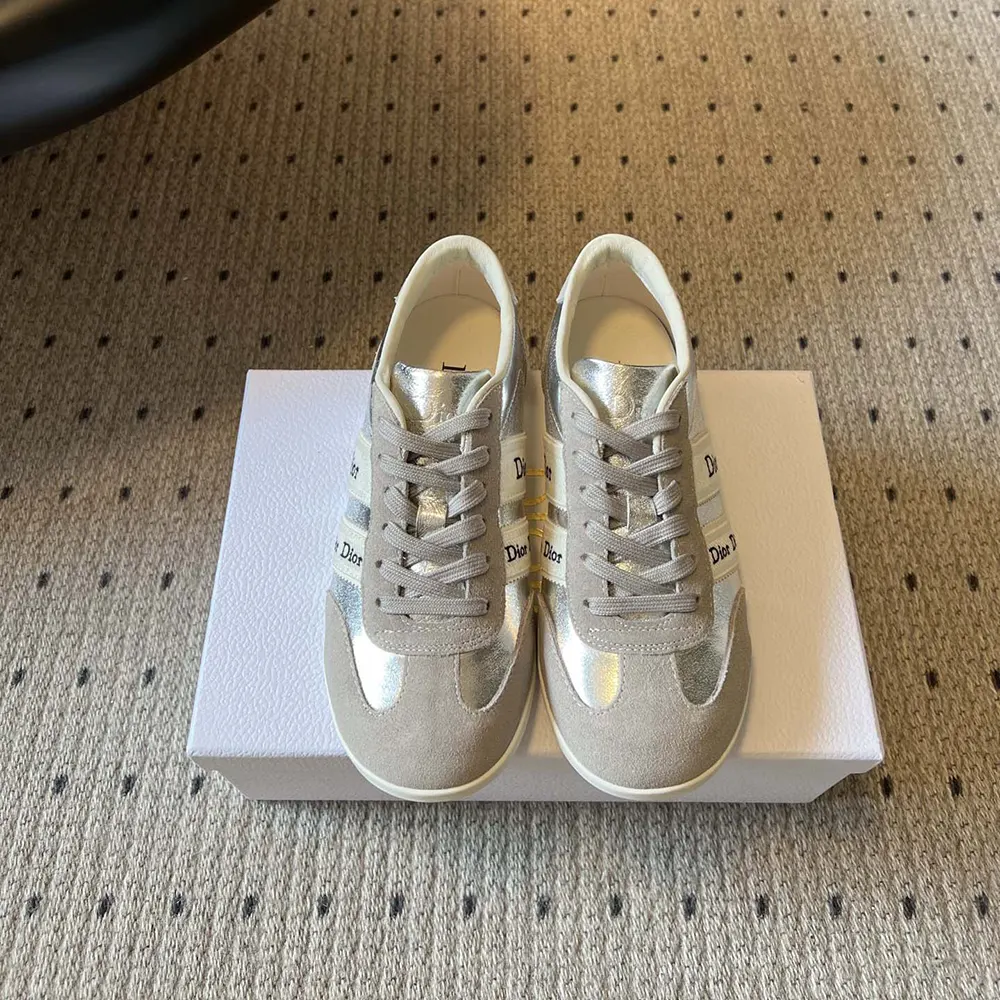 Dior Women Ribbon Sneaker Gray Suede Calfskin and Silver-Tone Crinkled Laminated Lambskin
