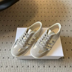 Dior Women Ribbon Sneaker Gray Suede Calfskin and Silver-Tone Crinkled Laminated Lambskin