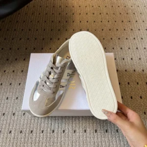 Dior Women Ribbon Sneaker Gray Suede Calfskin and Silver-Tone Crinkled Laminated Lambskin