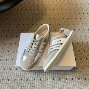 Dior Women Ribbon Sneaker Gray Suede Calfskin and Silver-Tone Crinkled Laminated Lambskin