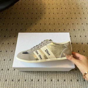 Dior Women Ribbon Sneaker Gray Suede Calfskin and Silver-Tone Crinkled Laminated Lambskin