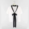 Dior Women Short-Sleeved Blouse with Rear Tie White Silk Twill with Black PolkaDior Motif