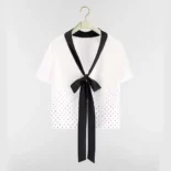 Dior Women Short-Sleeved Blouse with Rear Tie White Silk Twill with Black PolkaDior Motif