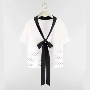 Dior Women Short-Sleeved Blouse with Rear Tie White Silk Twill with Black PolkaDior Motif