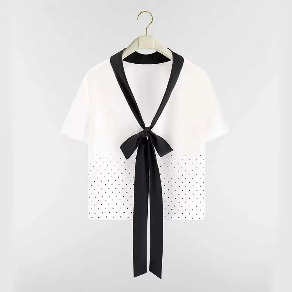 Dior Women Short-Sleeved Blouse with Rear Tie White Silk Twill with Black PolkaDior Motif