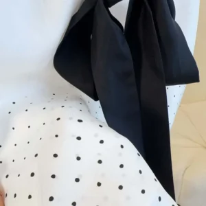 Dior Women Short-Sleeved Blouse with Rear Tie White Silk Twill with Black PolkaDior Motif