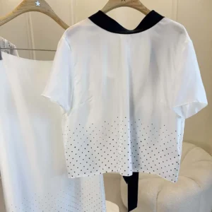 Dior Women Short-Sleeved Blouse with Rear Tie White Silk Twill with Black PolkaDior Motif