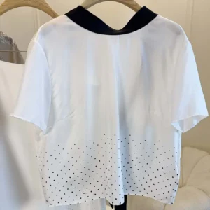 Dior Women Short-Sleeved Blouse with Rear Tie White Silk Twill with Black PolkaDior Motif