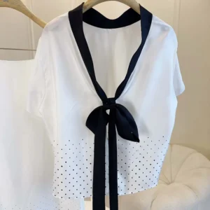 Dior Women Short-Sleeved Blouse with Rear Tie White Silk Twill with Black PolkaDior Motif