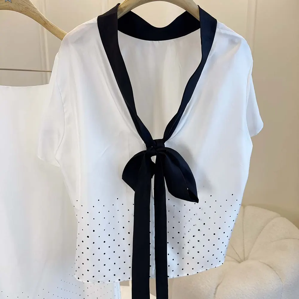 Dior Women Short-Sleeved Blouse with Rear Tie White Silk Twill with Black PolkaDior Motif