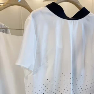 Dior Women Short-Sleeved Blouse with Rear Tie White Silk Twill with Black PolkaDior Motif