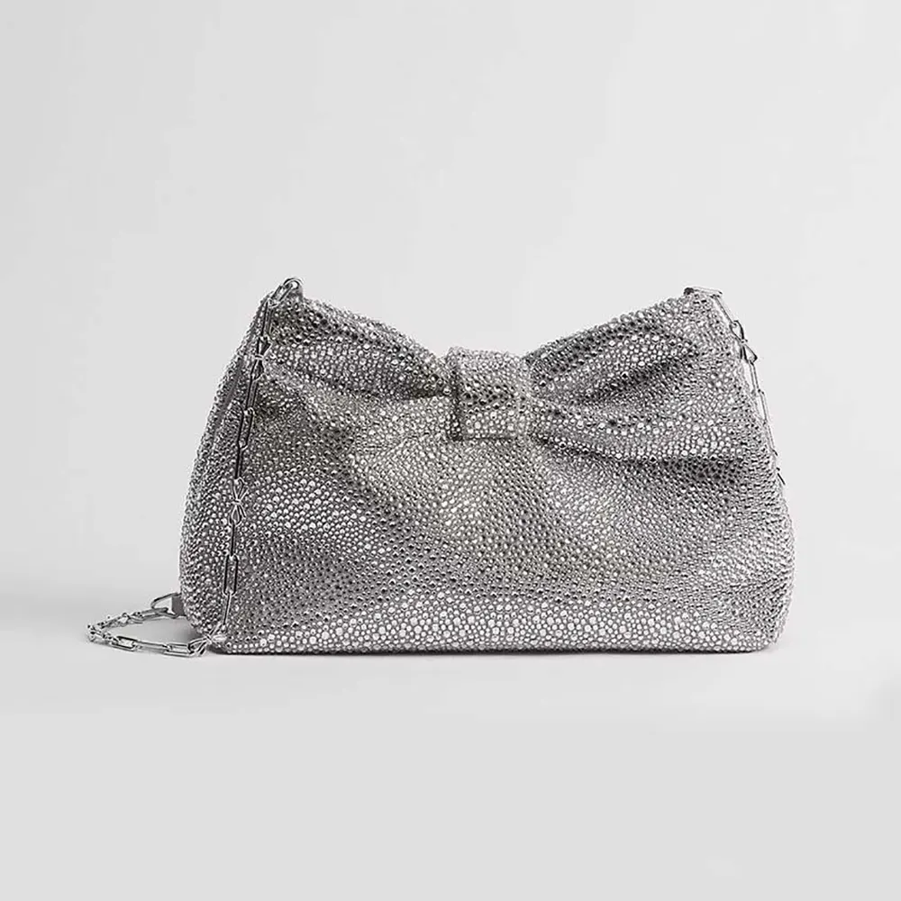 Dior Women Small Dior Bow Bag Silver-Tone Goatskin and Strass M0715PMST