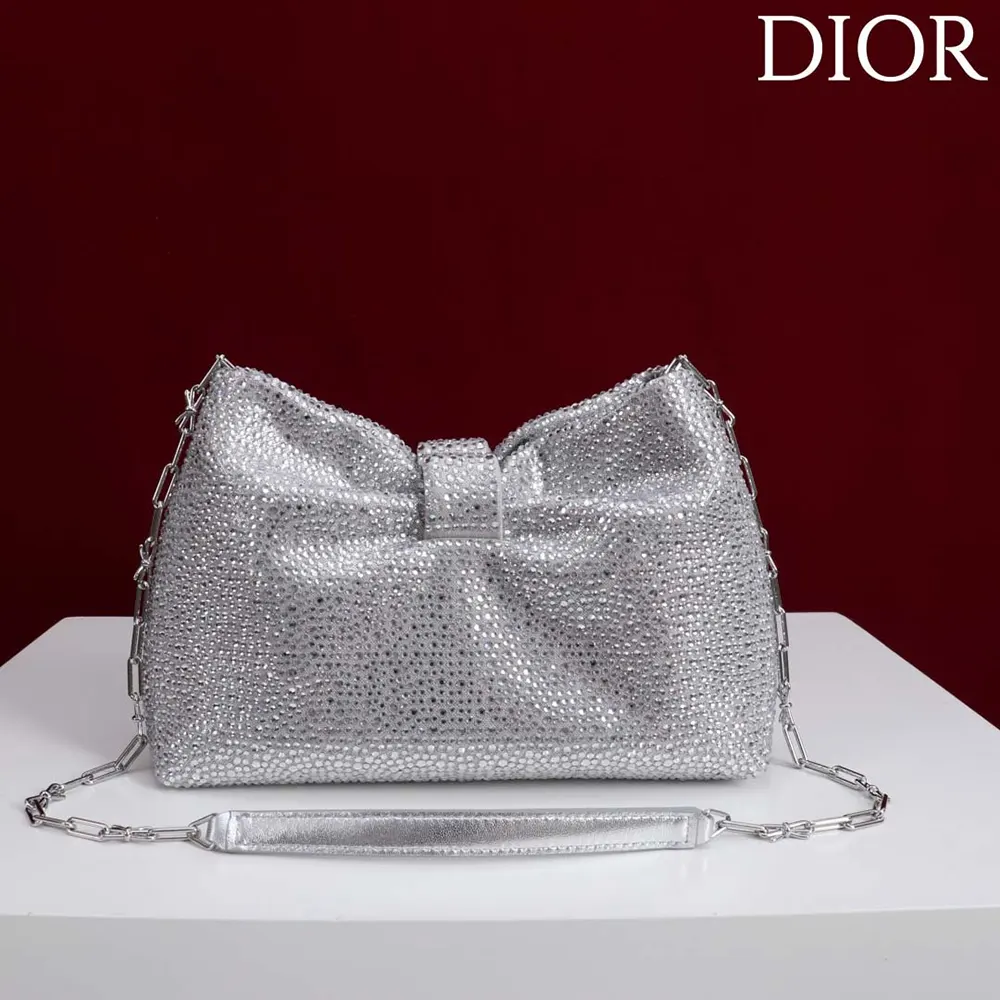 Dior Women Small Dior Bow Bag Silver-Tone Goatskin and Strass M0715PMST