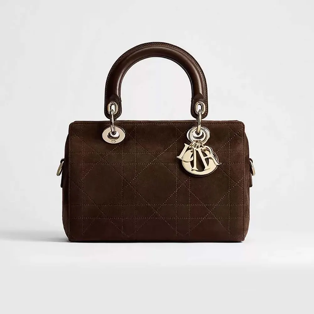 Dior Women Small Dior Granville Bag Chocolate Flat Macrocannage Suede Calfskin