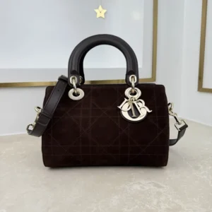 Dior Women Small Dior Granville Bag Chocolate Flat Macrocannage Suede Calfskin