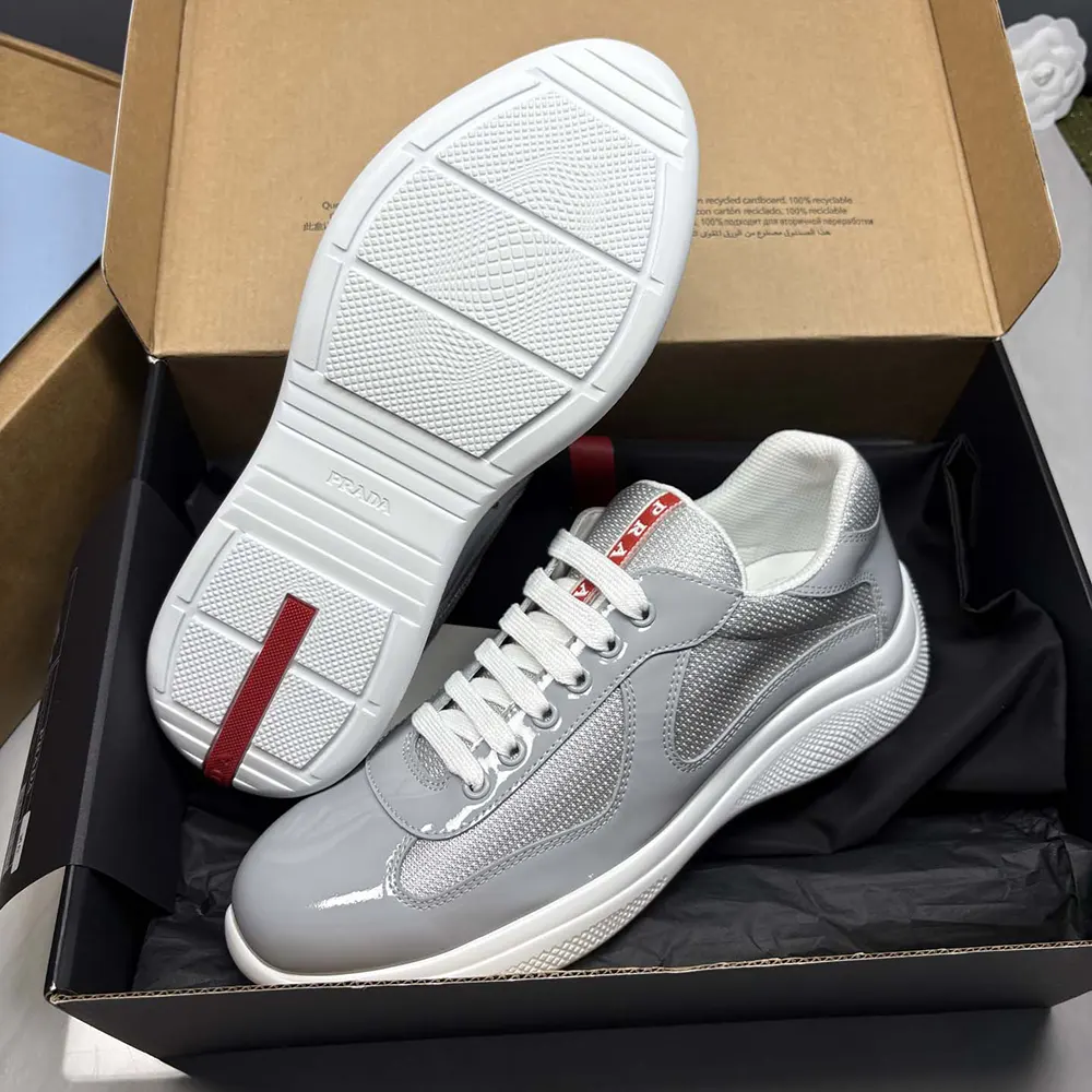 Prada Unisex America'S Cup Metallic Leather And Bike Fabric Sneakers-Silver 9 Prada Unisex America'S Cup Metallic Leather And Bike Fabric Sneakers-Silver