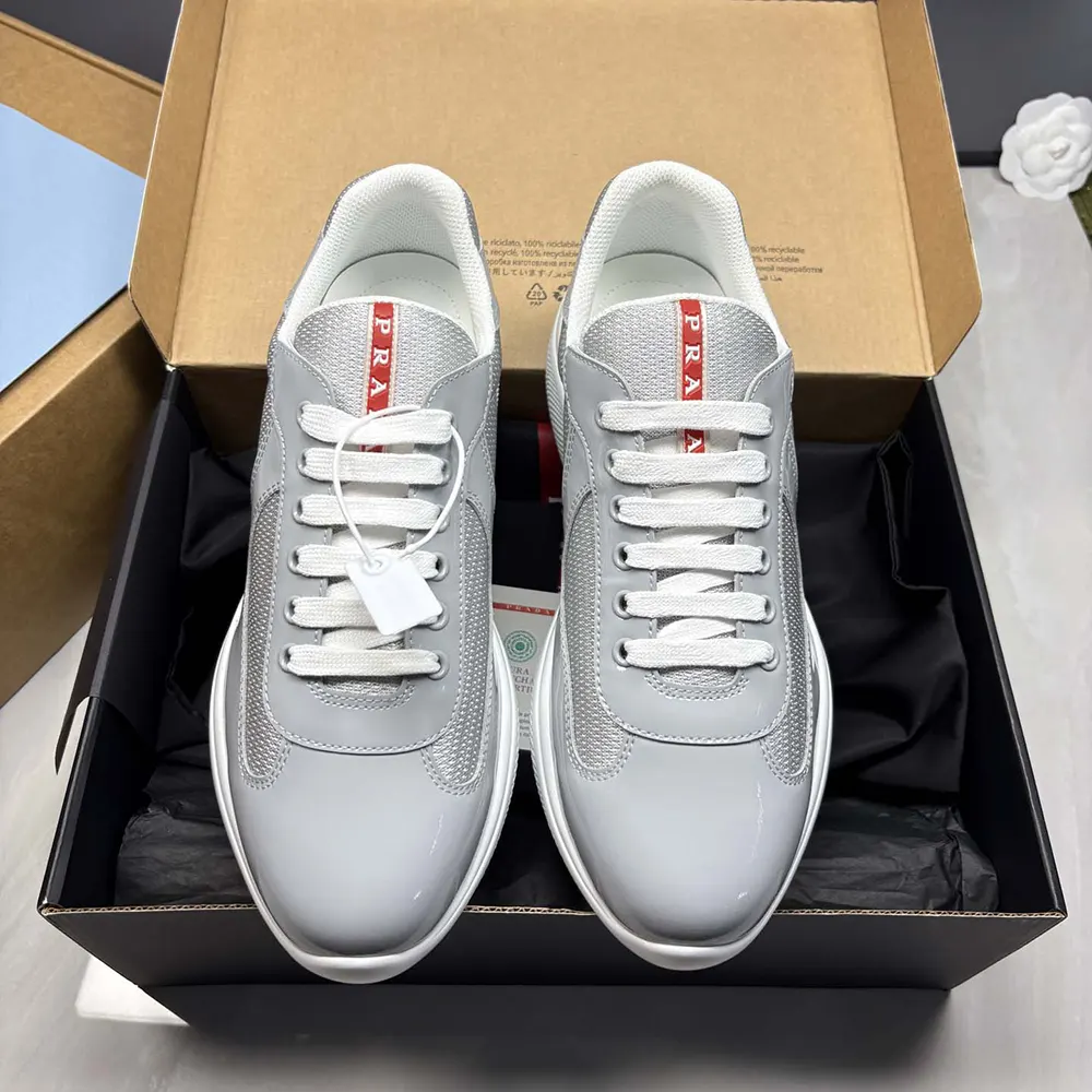 Prada Unisex America'S Cup Metallic Leather And Bike Fabric Sneakers-Silver 3 Prada Unisex America'S Cup Metallic Leather And Bike Fabric Sneakers-Silver