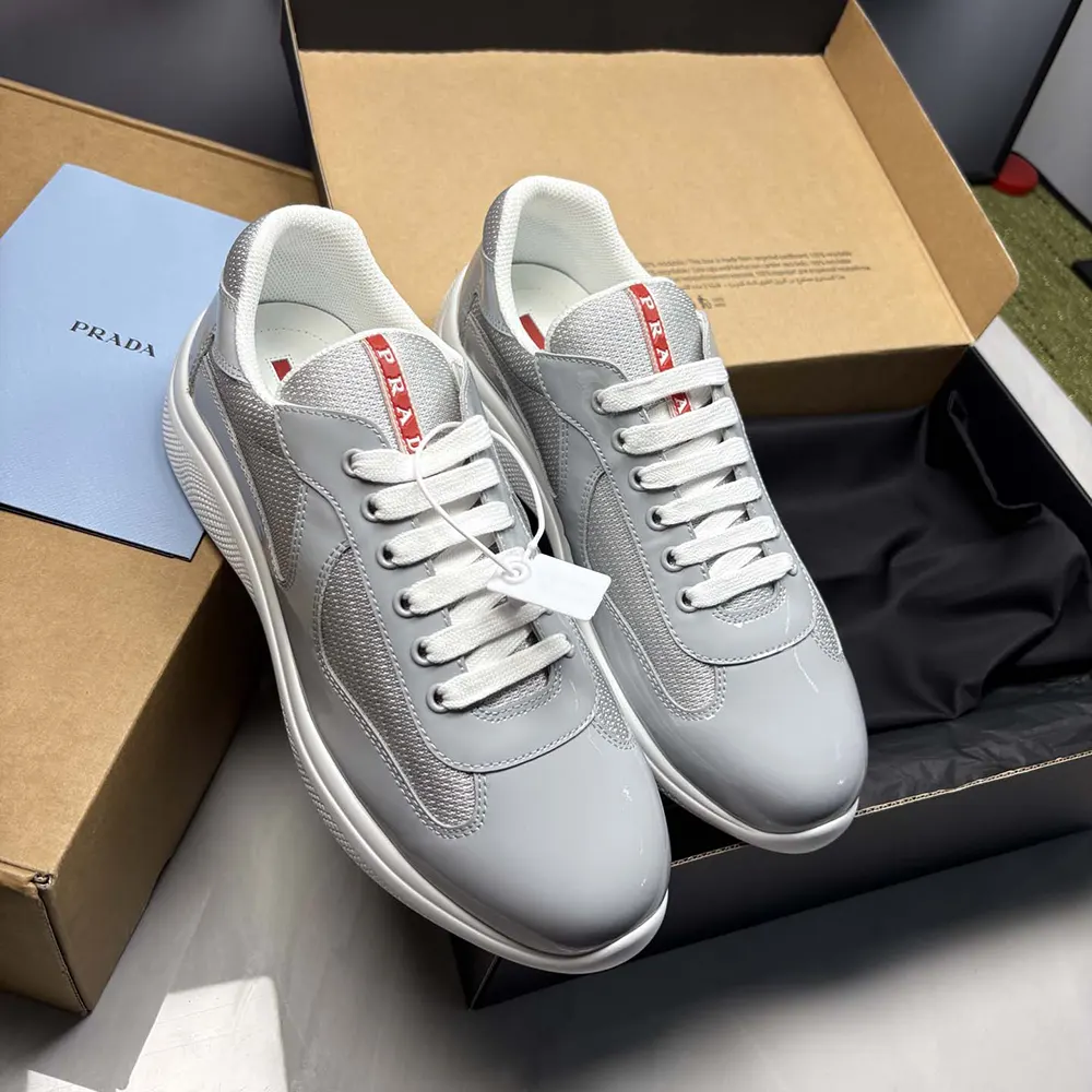 Prada Unisex America'S Cup Metallic Leather And Bike Fabric Sneakers-Silver 8 Prada Unisex America'S Cup Metallic Leather And Bike Fabric Sneakers-Silver