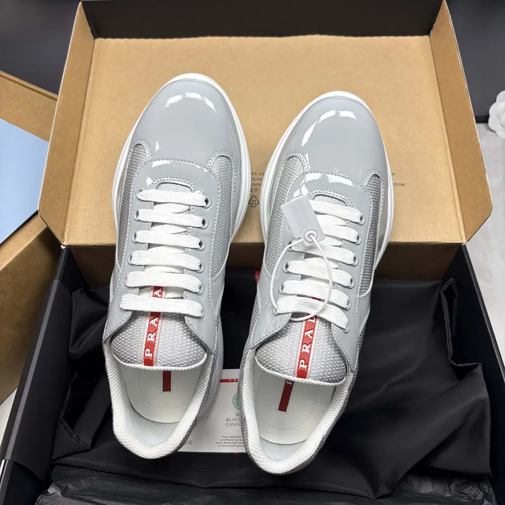 Prada Unisex America'S Cup Metallic Leather And Bike Fabric Sneakers-Silver 7 Prada Unisex America'S Cup Metallic Leather And Bike Fabric Sneakers-Silver