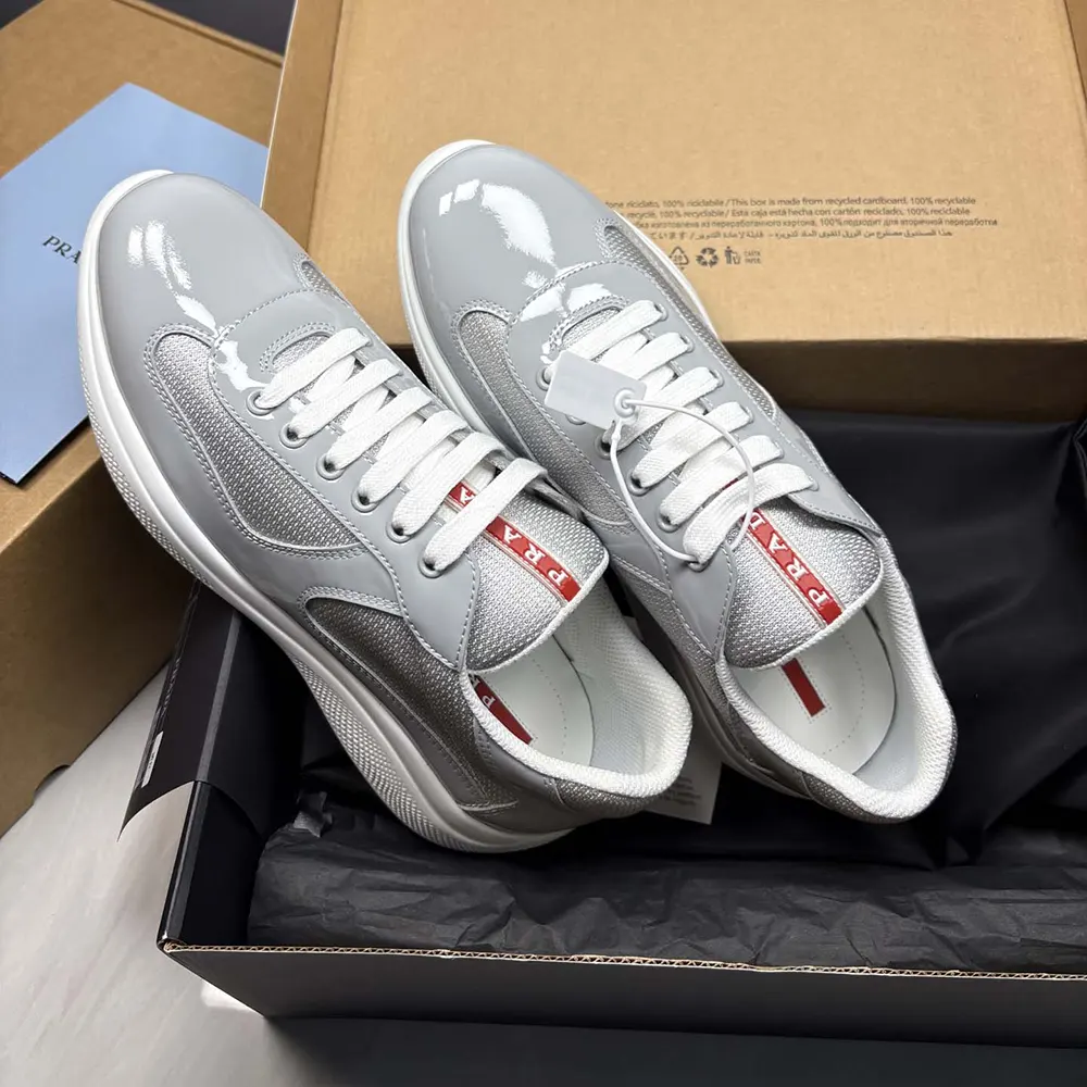 Prada Unisex America'S Cup Metallic Leather And Bike Fabric Sneakers-Silver 6 Prada Unisex America'S Cup Metallic Leather And Bike Fabric Sneakers-Silver