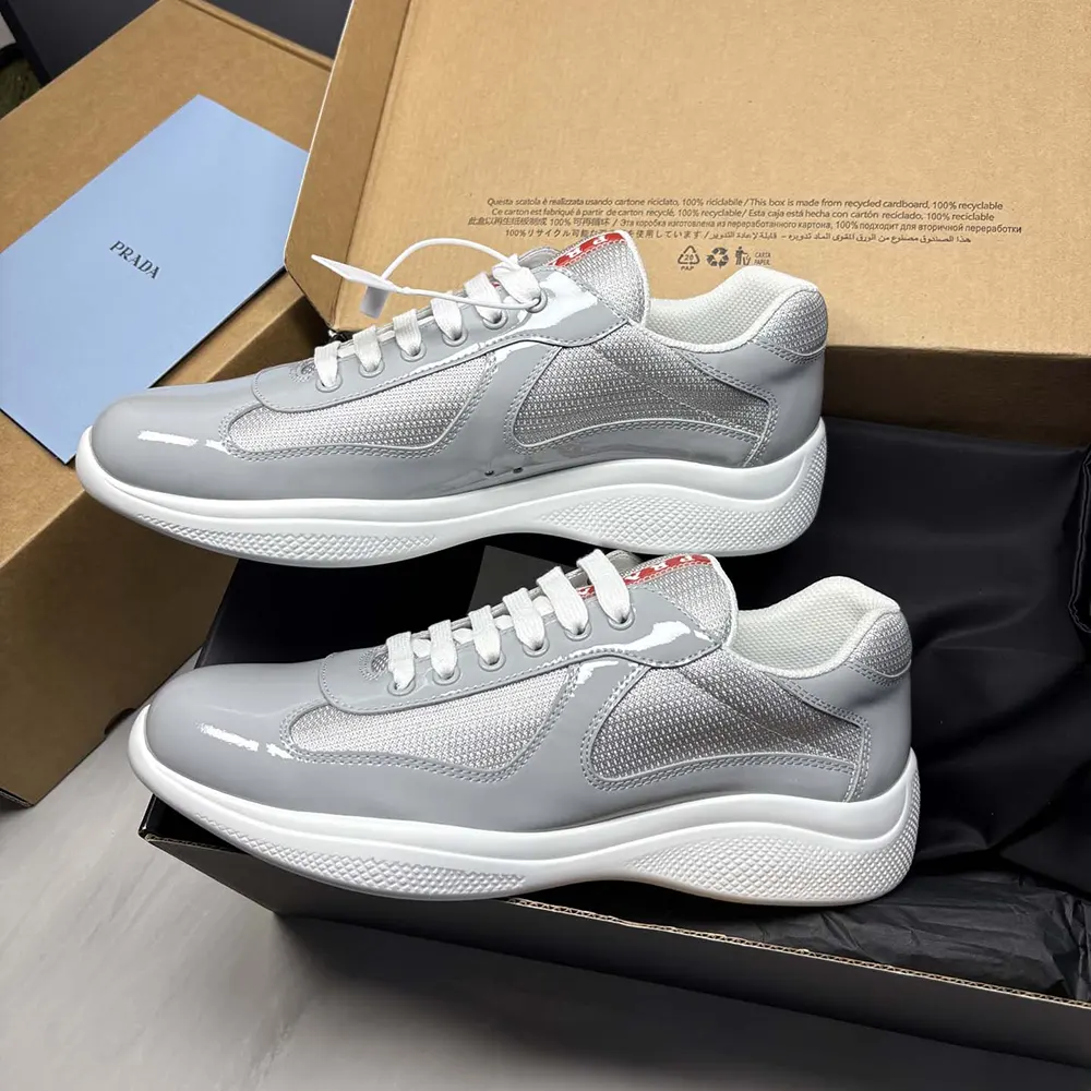 Prada Unisex America'S Cup Metallic Leather And Bike Fabric Sneakers-Silver 5 Prada Unisex America'S Cup Metallic Leather And Bike Fabric Sneakers-Silver