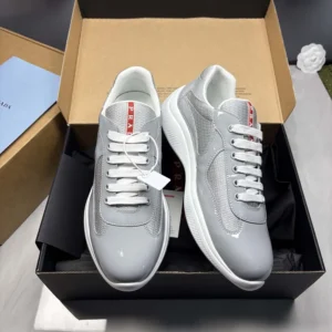 Prada Unisex America'S Cup Metallic Leather And Bike Fabric Sneakers-Silver