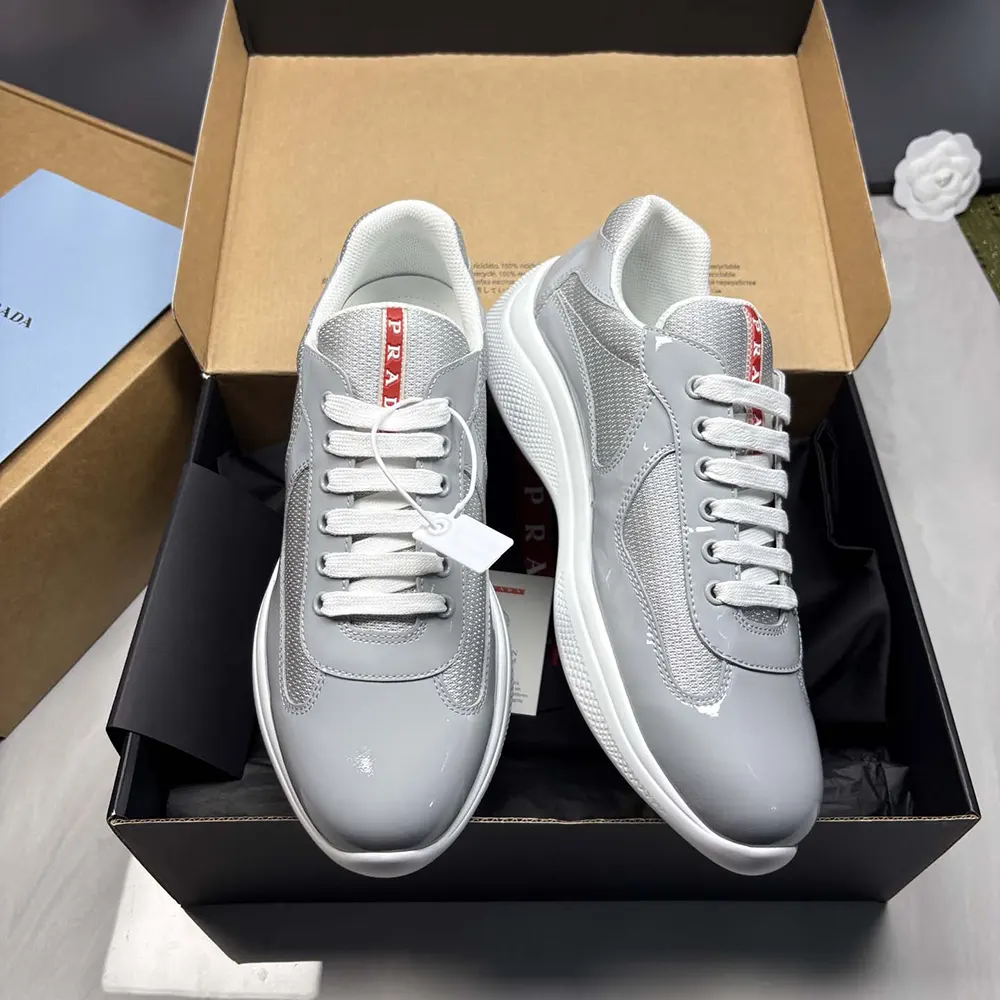 Prada Unisex America'S Cup Metallic Leather And Bike Fabric Sneakers-Silver 2 Prada Unisex America'S Cup Metallic Leather And Bike Fabric Sneakers-Silver
