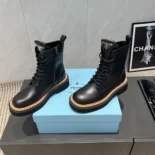 Prada Unisex Black Leather Lace-Up zip up Combat Boots