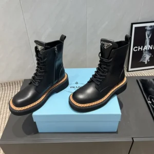 Prada Unisex Black Leather Lace-Up zip up Combat Boots