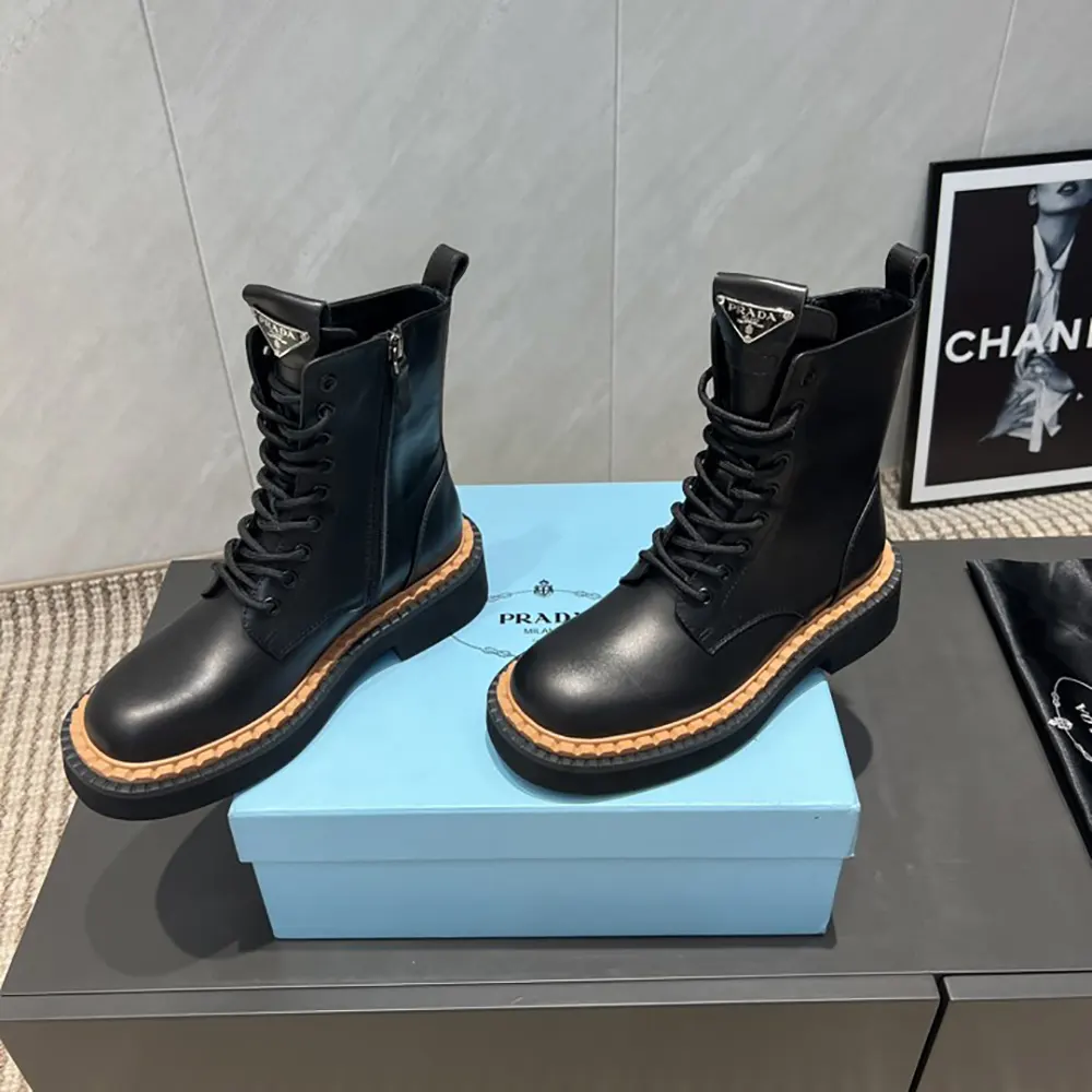 Prada Unisex Black Leather Lace-Up zip up Combat Boots