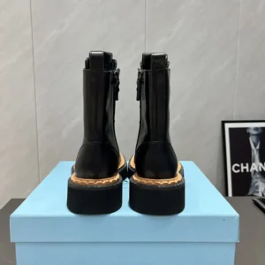 Prada Unisex Black Leather Lace-Up zip up Combat Boots
