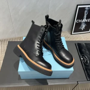 Prada Unisex Black Leather Lace-Up zip up Combat Boots