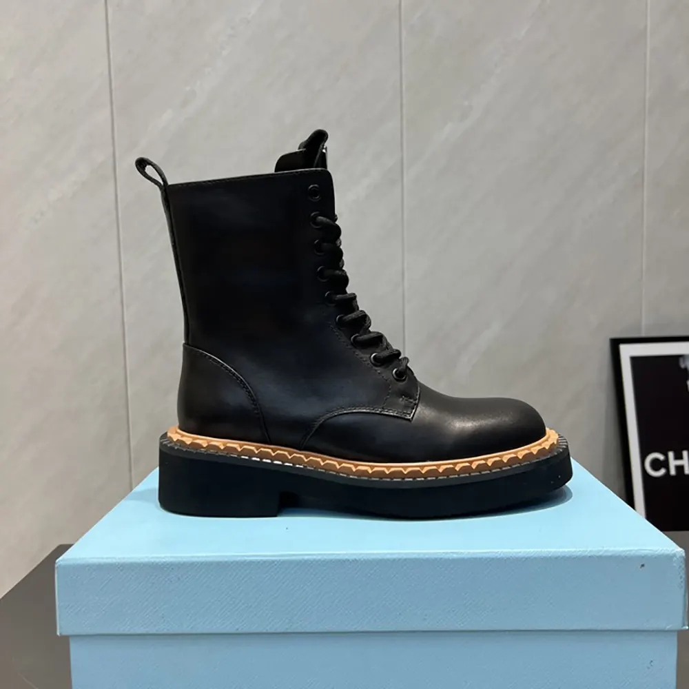 Prada Unisex Black Leather Lace-Up zip up Combat Boots