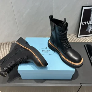 Prada Unisex Black Leather Lace-Up zip up Combat Boots
