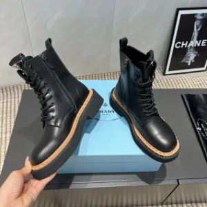 Prada Unisex Black Leather Lace-Up zip up Combat Boots