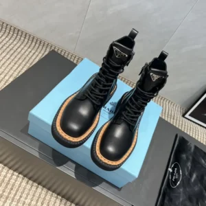 Prada Unisex Black Leather Lace-Up zip up Combat Boots
