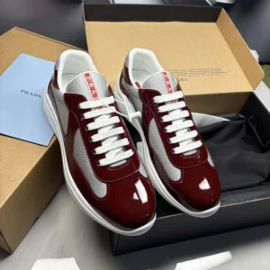 Prada Unisex Patent Leather And Technical Fabric Prada America'S Cup Sneakers-Burgundy