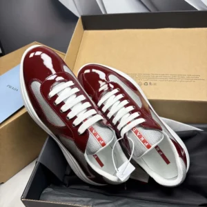 Prada Unisex Patent Leather And Technical Fabric Prada America'S Cup Sneakers-Burgundy
