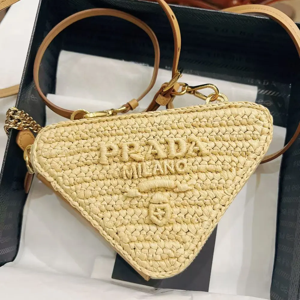 Prada Women Crochet Eather Mini Pouch Bag-Natural
