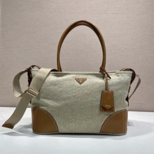 Prada Women Large Linen And Leather Tote Bag-Rope/Natural 1BG659