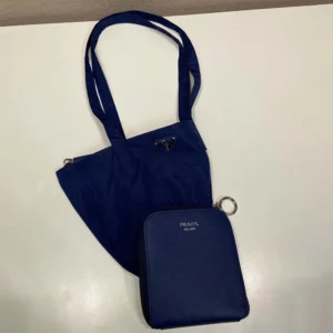 Prada Women Saffiano Leather Pendant With Re-Nylon Tote Bag-Baltic Blue